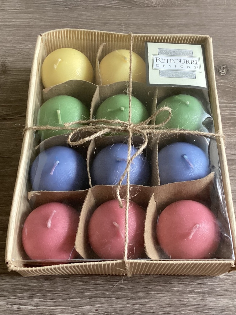 12-pack Potpourri Designs 2” ball candles Pastel Colors Rustic Vintage Party